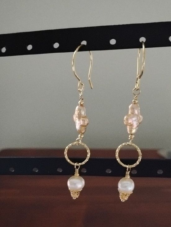 Hand Crafted Jewelry - Hand Crafted Gold Cross Pearl Drop Earrings With White Fresh Water Pearls